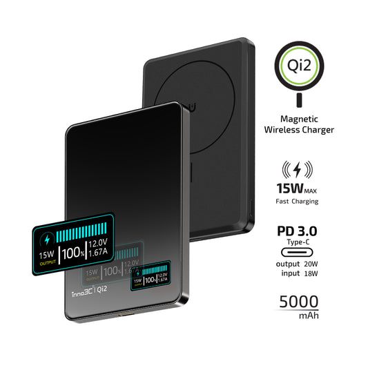 inno3C 超薄Qi2無線磁吸充電移動電源i-5M2(黑色)|智能LCD顯示屏 5000mAh|Pass-Through功能 智能控温 無線充電流動電源|MagSafe 充電寶|PD3.0 Type-C 輸出20W 輸入18W 有線Type-C充電尿袋|支援iPhone/Android手機 15W高速充電 磁吸充電行動電源