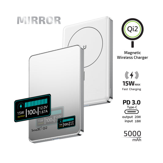 inno3C Qi2快充 鏡面效果 LCD屏顯示電量 移動電源 i-5M2-Mirror 磁吸無線充電 Type-C PD3.0有線充電 ︱ 行動電源 5000mAh︱ 流動電源︱有線無線同時充電 15W 超薄尿袋