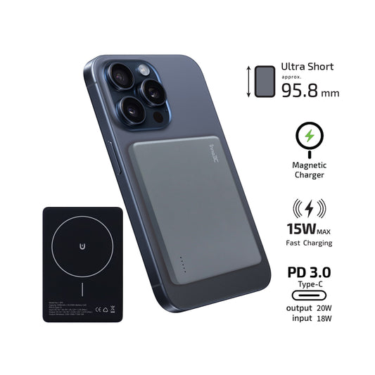inno3C 香港最短5000mAh 移動電源 i-SP5 (灰色/紫色)｜磁吸充電｜快速充電｜無線充電｜流動電源｜充電寶｜尿袋｜快速充電器︱奶媽︱快充︱超短95.8mm 超薄 無線快充 磁吸行動電源