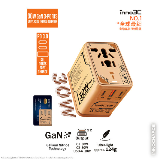inno3C 30W GaN 3-Ports Universal Travel Adaptor i-30WC