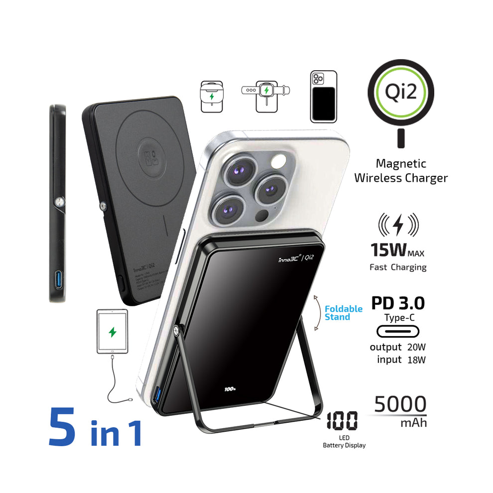 inno3C Qi2 Ultra Slim Magnetic Wireless Power Bank with Stand i-5M3 (B