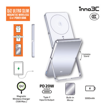 inno3C CCC 3C CE 安全認證 可帶上飛機 Qi2快充 磁吸無線充電 有支架 行動電源 5000mAh M0U(鏡面) i-3C5M3︱LCD屏 直通充電 Type-C PD3.0 有線充電 雙向快充 尿袋 