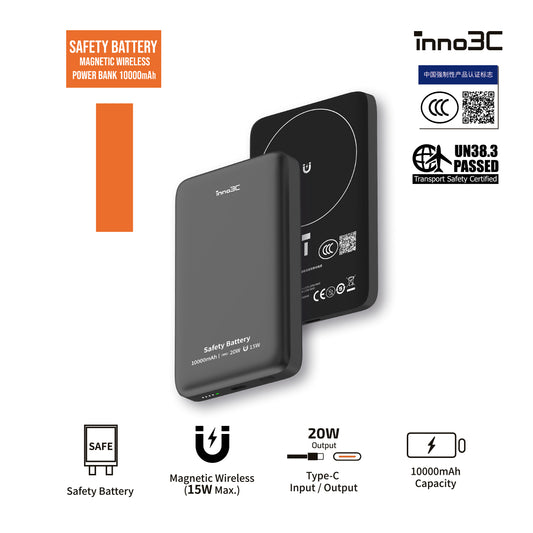 inno3C [ Passed Pin Puncture Test｜No Fire No Explsion ] CCC Traceable QR Code Magnetic Wireless 15W Fast Charging Power Bank 10000mAh M10-20W-1｜Type-C PD20W Wired Powerbank｜Safety Battery Wired & Wireless Power Bank