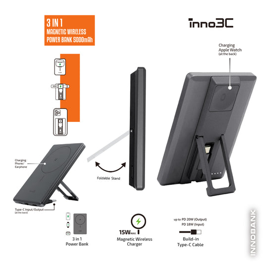 inno3C 3 in 1 內置Type-C線 帶支架 無線充電 磁吸行動電源 i-MD5｜迷你磁吸無線充電移動電源 ｜PD3.0 磁吸充電 移動電源｜快速充電 尿袋｜無線充電 充電寶
