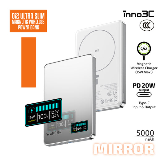 inno3C [ CCC 3C CE 安全認證 ] 可帶上飛機 Qi2 快速充電 超薄 磁吸無線充電 行動電源 5000mAh M0 OLED ︱ Pass-Through 直通充電 移動電源︱Type-C PD3.0 雙向快充 有線無線同時充電 尿袋︱LCD屏顯示電量 充電寶︱外置電源︱流動充電器( 黑色 / 鏡面效果 ) 
