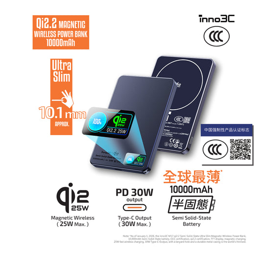 inno3C [ CCC 可追溯二維碼 QR Code ] Qi2.2 全球最薄 半固態磁吸充電移動電源10000mAh M17 (藍色/灰色/黑色)｜Qi2 25W無線快充 Type-C PD3.0 30W有線快充 行動電源｜鋁合金外殼 無線充電器｜MagSafe 充電寶｜
TFT彩屏顯示 尿袋｜多裝置同時充電 外置電源