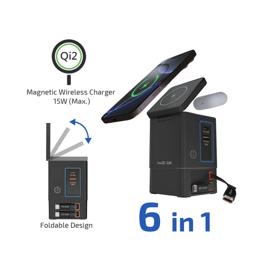 inno3C Qi2 GaN 6合1磁吸無線快速充電座105W 內置伸縮充電線 i-105C2 ｜充電器｜充電站