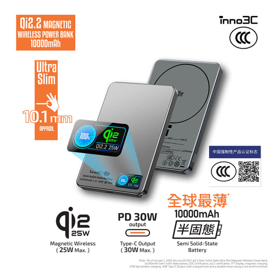 inno3C [ CCC Certified with Traceable QR Code Flight-Safe ] Qi2.2 Semi-Solid-State Magnetic Wireless Power Bank 10000mAh M17 | Qi2 Wireless 25W Fast Charging Portable Charger | TYPE-C PD3.0 30W Battery Pack | MagSafe  | TFT display