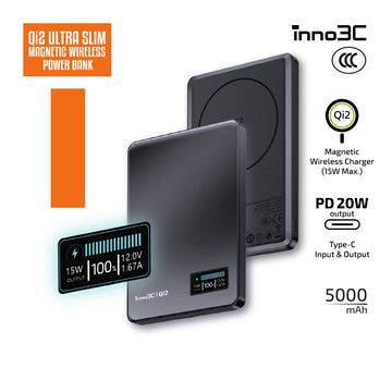 inno3C [ CCC 3C CE 安全認證 ] 可帶上飛機 Qi2 快速充電 超薄 磁吸無線充電 行動電源 5000mAh M0 OLED ︱ Pass-Through 直通充電 移動電源︱Type-C PD3.0 雙向快充 有線無線同時充電 尿袋︱LCD屏顯示電量 充電寶︱外置電源︱流動充電器( 黑色 ) 