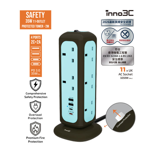 inno3C Universal Vertical Power Strip Tower Surge Protector with 11 AC Outlets 4 USB Ports (2A2C) PD35W i-35PT-11 (2M Cord)｜15-in-1 Multiplug Extension Hub｜Safety 35W 11 - Outlet Protected Tower - 2M