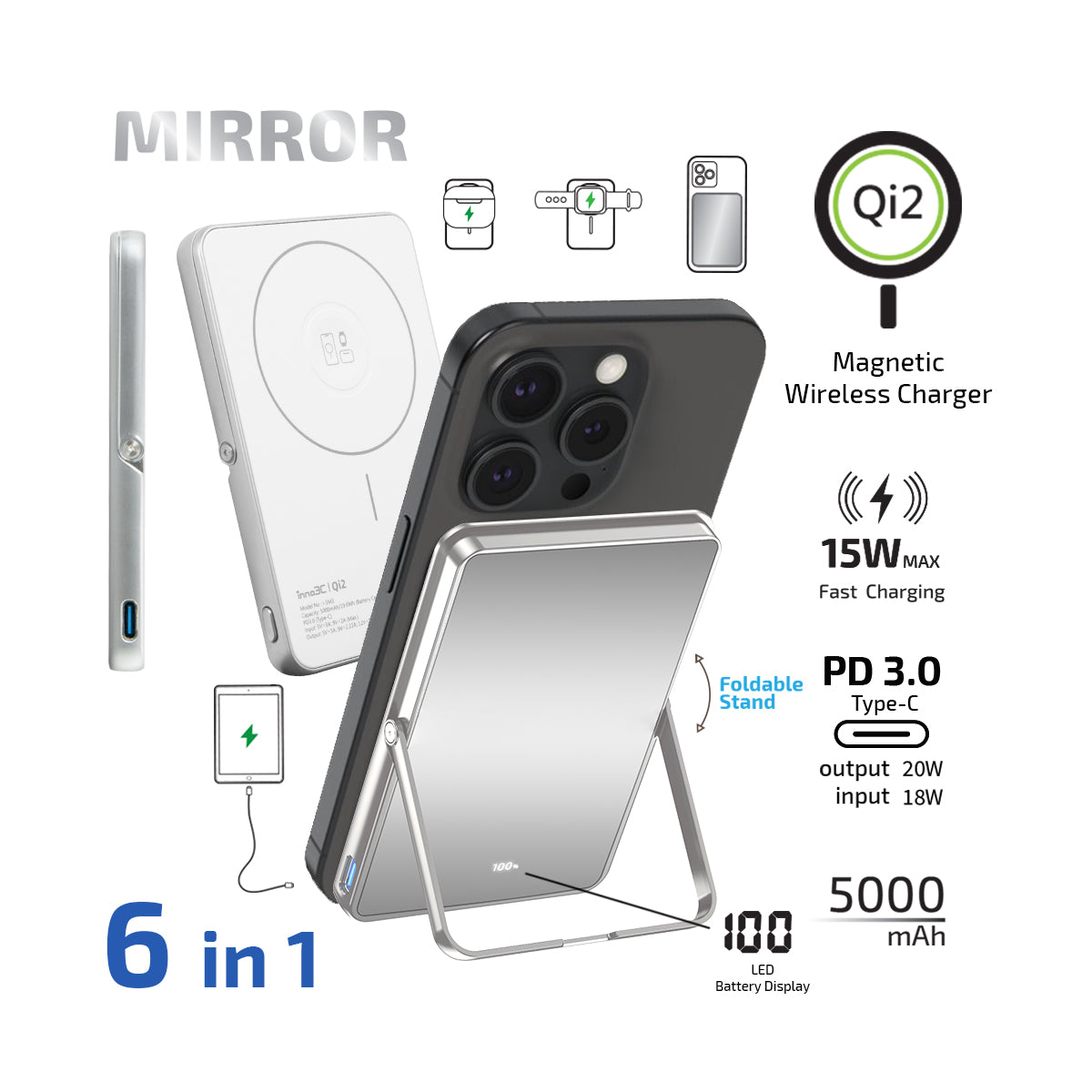 inno3C Qi2 Mirror Surface Ultra Slim Magnetic Wireless Power Bank with