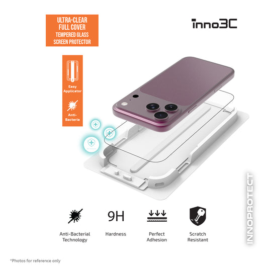 inno3C  iPhone 18 Pro / 18 Pro Max Ultra-Clear Anti-bacterial Full Cover Tempered Glass Screen Protector with Easy installation tray (auto-alignment kit)