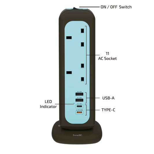 inno3C Universal Vertical Power Strip Tower Surge Protector with 11 AC Outlets 4 USB Ports (2A2C) PD35W i-35PT-11 (2M Cord)｜15-in-1 Multiplug Extension Hub｜Safety 35W 11 - Outlet Protected Tower - 2M