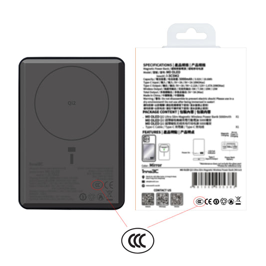 inno3C [ CCC 3C CE 安全認證 ] 可帶上飛機 Qi2 快速充電 超薄 磁吸無線充電 行動電源 5000mAh M0 OLED ︱ Pass-Through 直通充電 移動電源︱Type-C PD3.0 雙向快充 有線無線同時充電 尿袋︱LCD屏顯示電量 充電寶︱外置電源︱流動充電器( 黑色 ) 