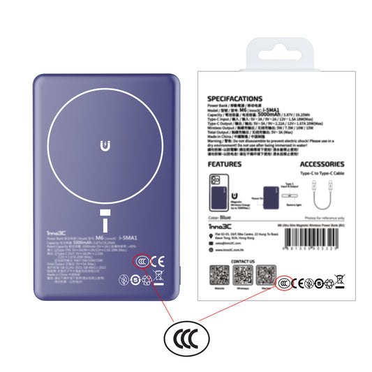 inno3C [ CCC 3C CE ]  Ultra Slim 8.75mm Magnetic Wireless Power Bank M6 (Blue) | PD3.0 20W Type-C Two-way Fast Charging Portable Charger