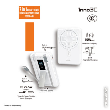 inno3C 3C認證 CCC 行動電源 充電器 10000mAh KH-99 ( 灰色 /白色) 可以上飛機｜內置Type-C和lightning充電線 有線充電 尿袋｜智能顯示屏 無線充電 磁吸充電 快速充電 7合1 移動電源
