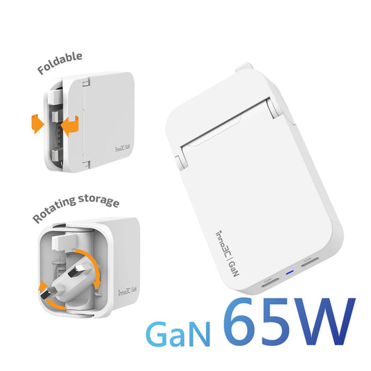 inno3C PD 65W GaN 摺疊 快速充電器 i-65UK｜超薄16mm 氮化鎵 旅行充電器｜迷你手提電腦 平板電腦 智能手機充電器｜Type C充電器｜USB-C充電器UK插頭｜英規插頭 Type-C充電器
