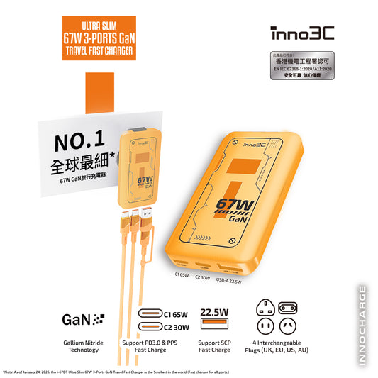 inno3C 超細 67W GaN 三輸出旅行快速充電器 i-67DT