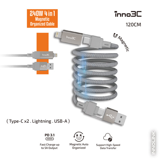 inno3C 240W PD3.1 4合1 快速充電 數據線 充電線 數據傳輸線i-4M240-12｜Type-C至Type-C｜USB-A至Type-C｜Type-C至Lightning｜USB-A至Lightning｜ 四合一磁吸收納線